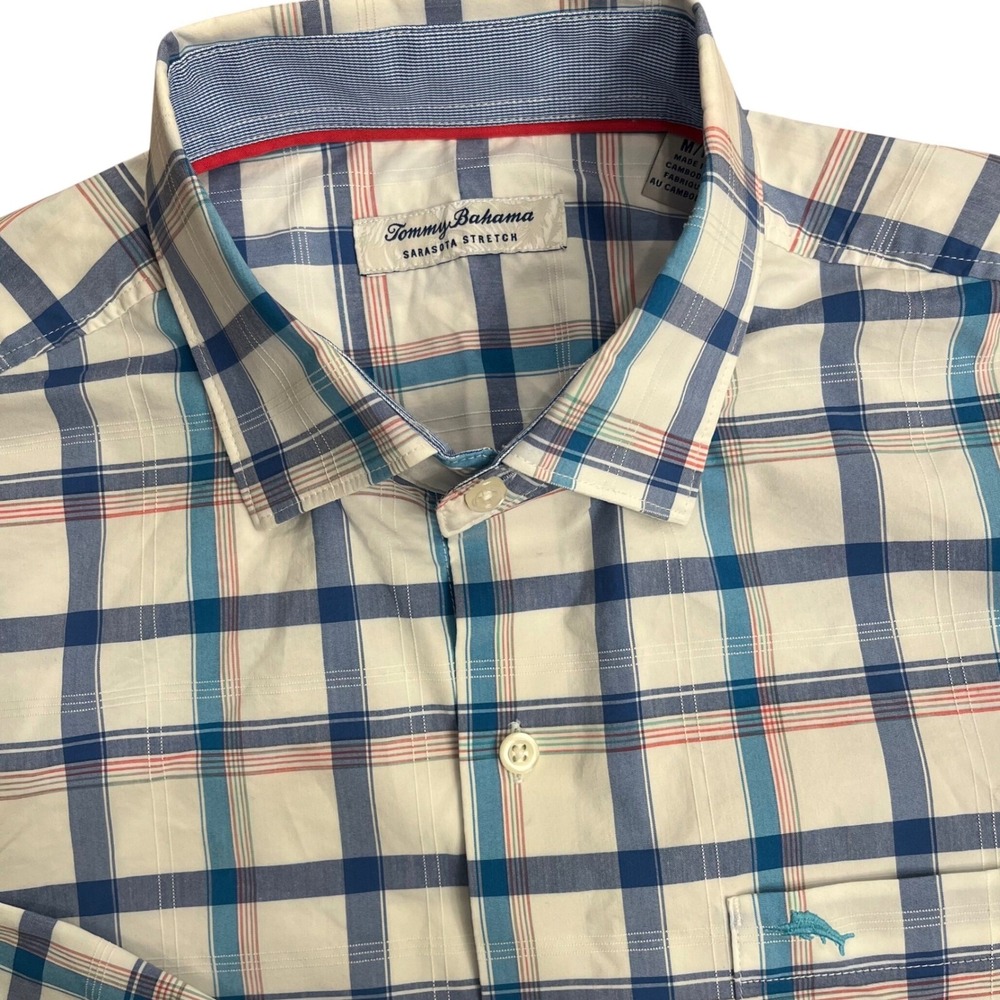Tommy‎ Bahama Button Down Men Medium Blue Plaid Sarasota Stretch Coolmax